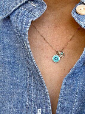 14K Yellow Gold Charms  Necklace -  Turquoise Sapphire Diamond